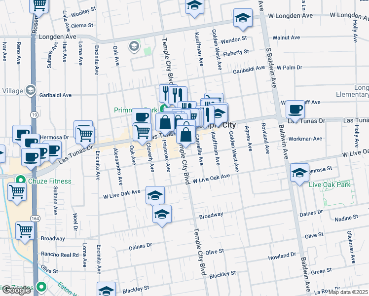 map of restaurants, bars, coffee shops, grocery stores, and more near 5818 Temple City Boulevard in Temple City