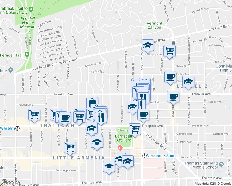 map of restaurants, bars, coffee shops, grocery stores, and more near 1901 North Catalina Street in Los Angeles