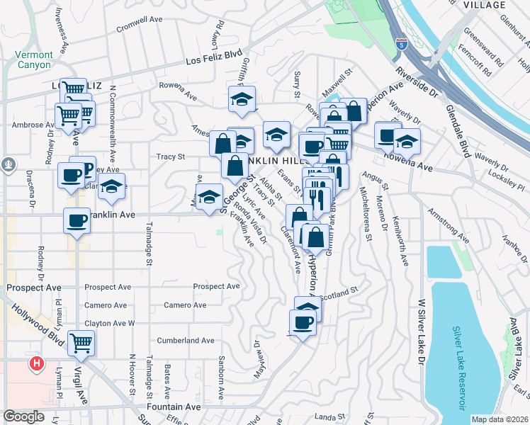map of restaurants, bars, coffee shops, grocery stores, and more near 2449 Lyric Avenue in Los Angeles