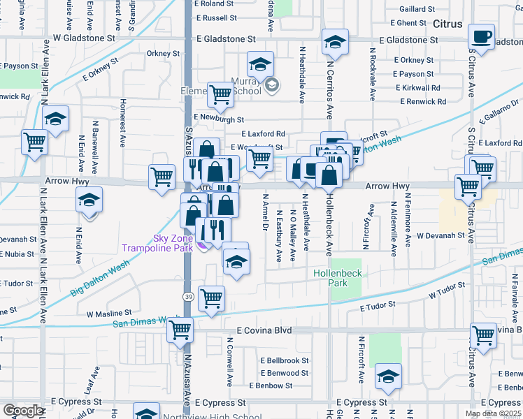 map of restaurants, bars, coffee shops, grocery stores, and more near 1433 North Armel Drive in Covina