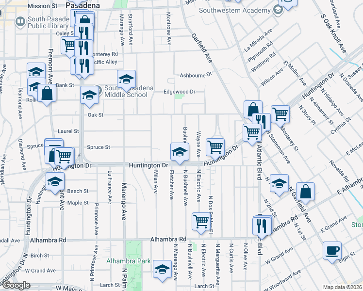 map of restaurants, bars, coffee shops, grocery stores, and more near 1803 Bushnell Avenue in South Pasadena