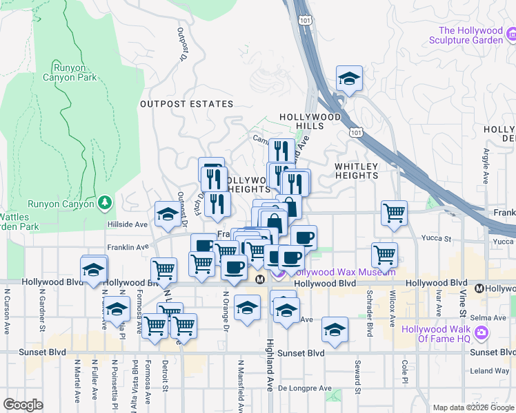 map of restaurants, bars, coffee shops, grocery stores, and more near Hillcrest Road in Los Angeles