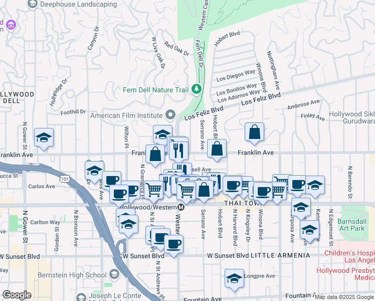 map of restaurants, bars, coffee shops, grocery stores, and more near 1901 North Oxford Avenue in Los Angeles