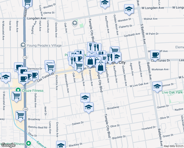 map of restaurants, bars, coffee shops, grocery stores, and more near 5826 Primrose Avenue in Temple City