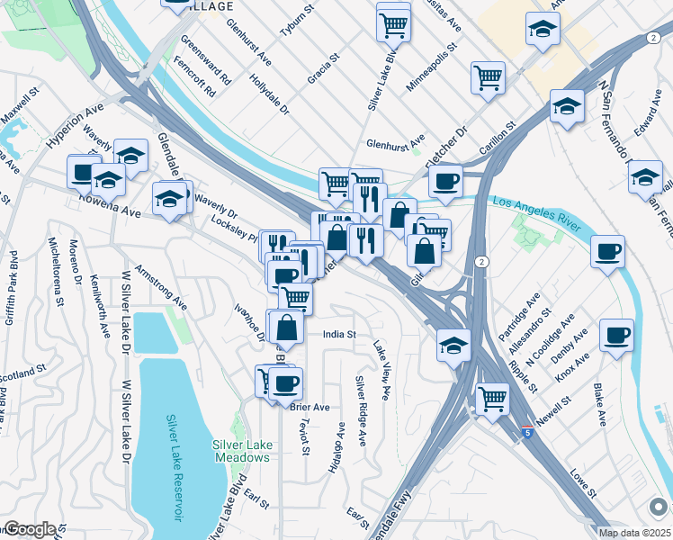 map of restaurants, bars, coffee shops, grocery stores, and more near 2466 Riverside Drive in Los Angeles