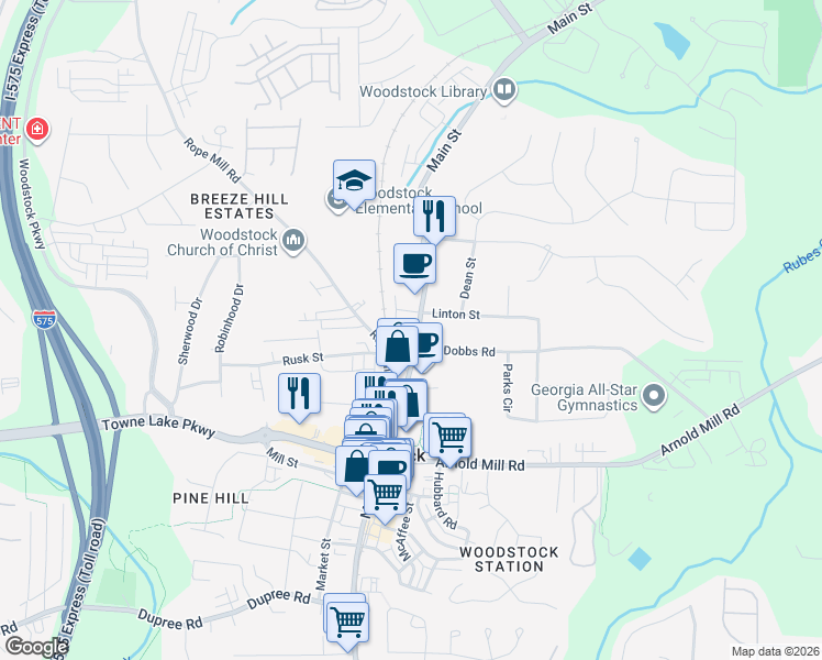 map of restaurants, bars, coffee shops, grocery stores, and more near 8262 Main Street in Woodstock