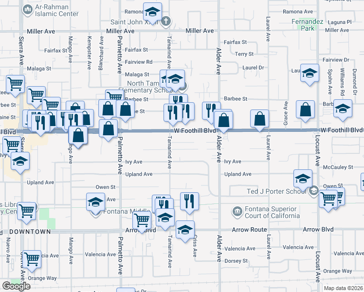 map of restaurants, bars, coffee shops, grocery stores, and more near 17544 Vine Street in Fontana