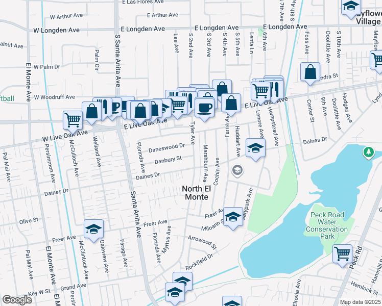 map of restaurants, bars, coffee shops, grocery stores, and more near 11261 Danbury Street in Arcadia