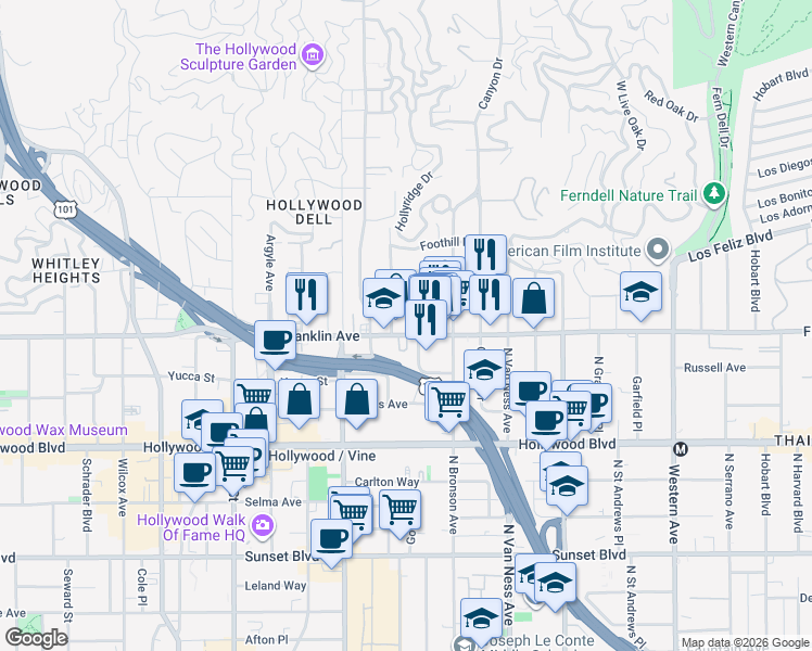 map of restaurants, bars, coffee shops, grocery stores, and more near 5969 Franklin Avenue in Los Angeles