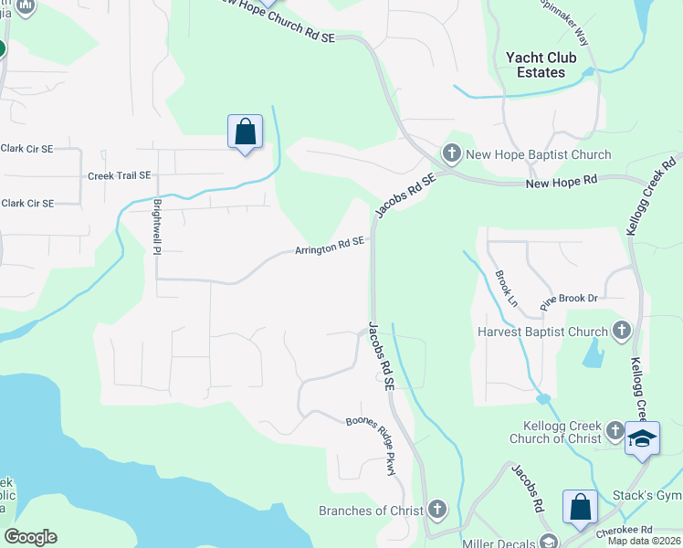 map of restaurants, bars, coffee shops, grocery stores, and more near 4017 Arrington Road Southeast in Acworth