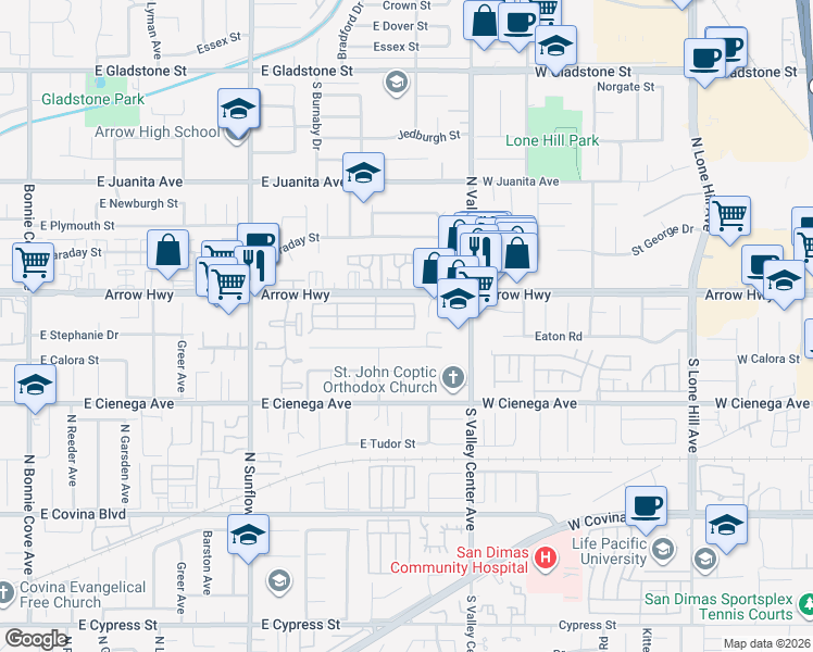 map of restaurants, bars, coffee shops, grocery stores, and more near E Street in Covina