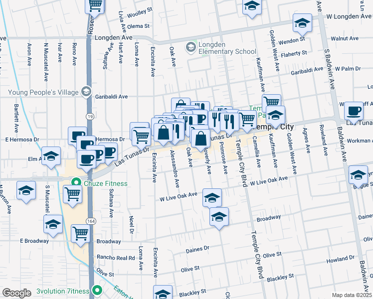 map of restaurants, bars, coffee shops, grocery stores, and more near 9436 East Las Tunas Drive in Temple City