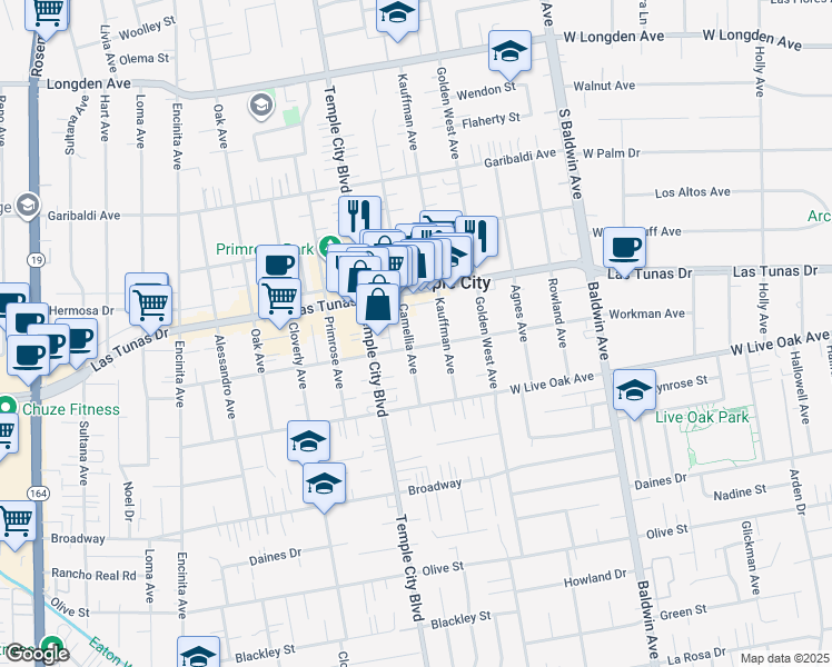 map of restaurants, bars, coffee shops, grocery stores, and more near 5812 Camellia Avenue in Temple City