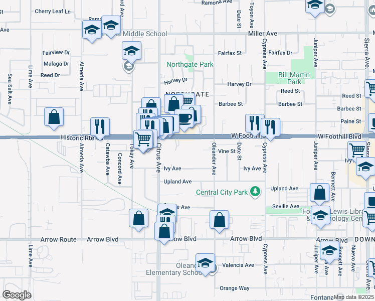 map of restaurants, bars, coffee shops, grocery stores, and more near 16203 Foothill Blvd in Fontana