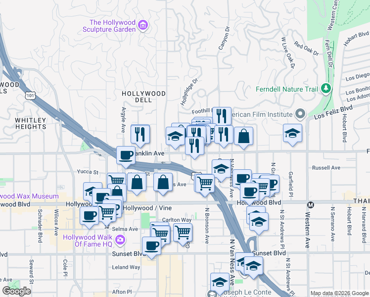 map of restaurants, bars, coffee shops, grocery stores, and more near 5969 Franklin Avenue in Los Angeles