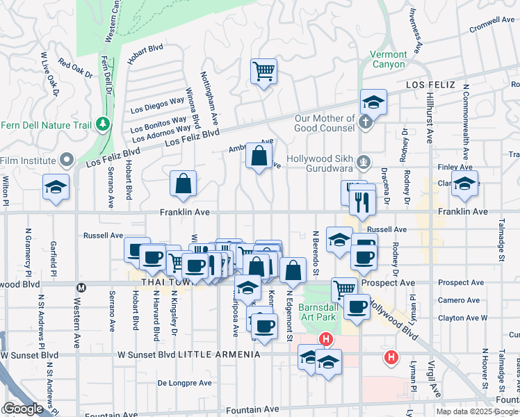 map of restaurants, bars, coffee shops, grocery stores, and more near 4975 Franklin Avenue in Los Angeles