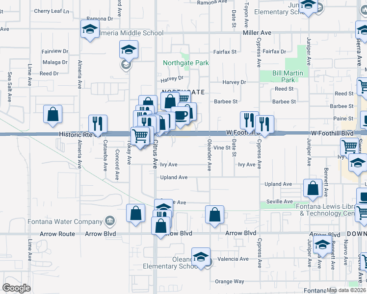 map of restaurants, bars, coffee shops, grocery stores, and more near 16203 Foothill Boulevard in Fontana
