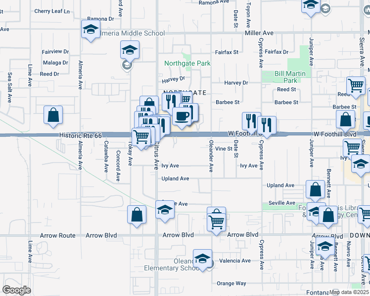 map of restaurants, bars, coffee shops, grocery stores, and more near 16203 Foothill Boulevard in Fontana