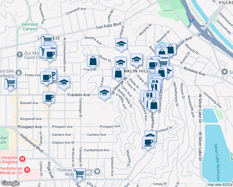 map of restaurants, bars, coffee shops, grocery stores, and more near 3957 Franklin Avenue in Los Angeles