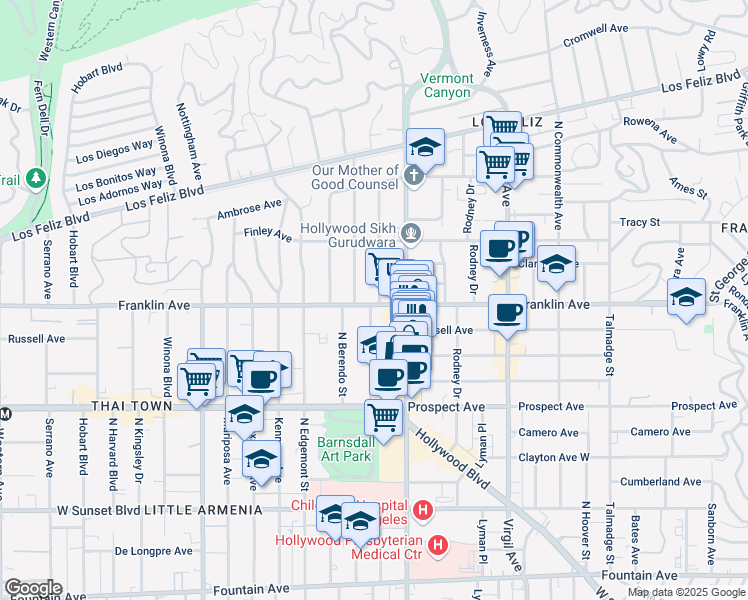 map of restaurants, bars, coffee shops, grocery stores, and more near 1901 North New Hampshire Avenue in Los Angeles