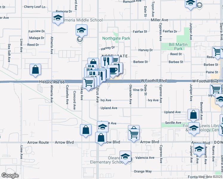 map of restaurants, bars, coffee shops, grocery stores, and more near 16183 West Historic Route 66 in Fontana