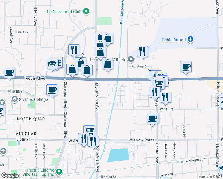 map of restaurants, bars, coffee shops, grocery stores, and more near 879 Julie Place in Upland