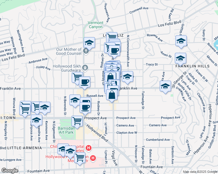 map of restaurants, bars, coffee shops, grocery stores, and more near 4517 Franklin Avenue in Los Angeles