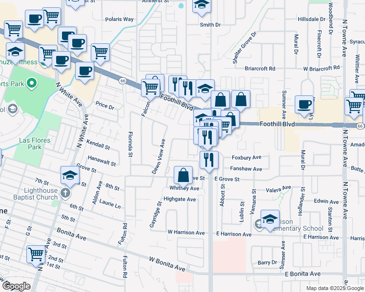 map of restaurants, bars, coffee shops, grocery stores, and more near 200 Drake Street in Pomona