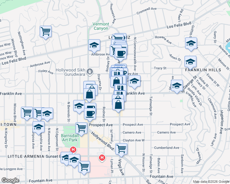 map of restaurants, bars, coffee shops, grocery stores, and more near 4517 Franklin Avenue in Los Angeles