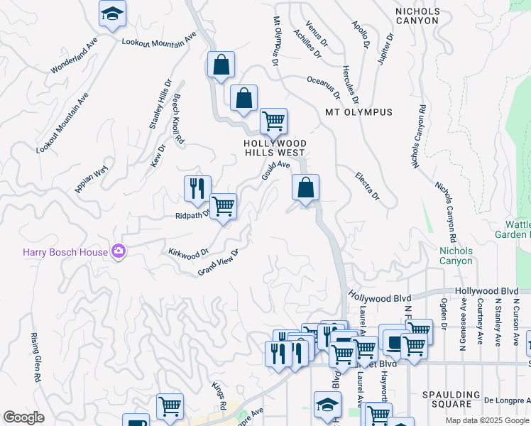 map of restaurants, bars, coffee shops, grocery stores, and more near 8148 Mannix Drive in Los Angeles