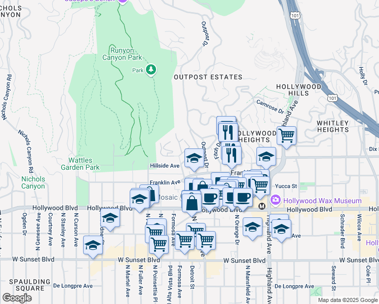 map of restaurants, bars, coffee shops, grocery stores, and more near 7065 Hillside Avenue in Los Angeles