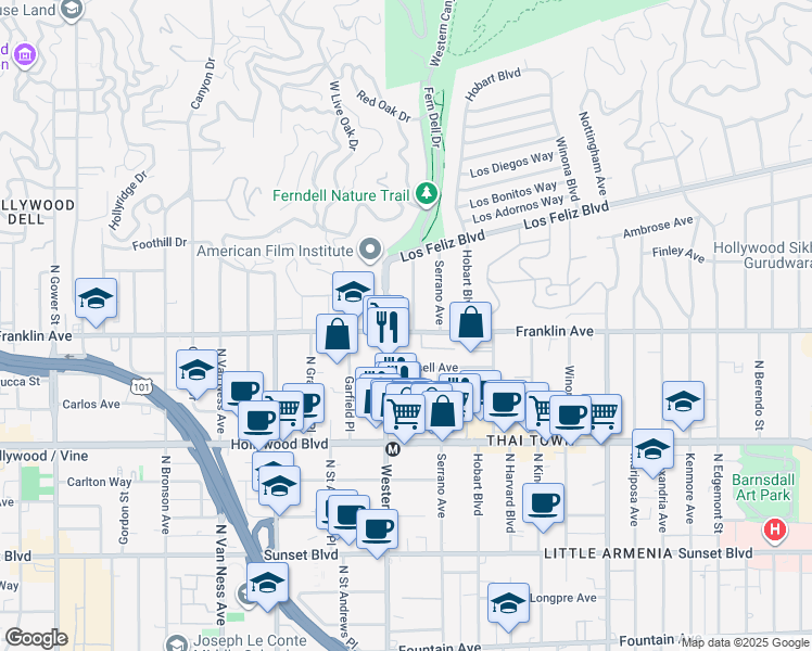 map of restaurants, bars, coffee shops, grocery stores, and more near 1901 North Oxford Avenue in Los Angeles