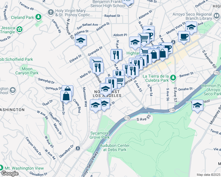 map of restaurants, bars, coffee shops, grocery stores, and more near 5007 North Figueroa Street in Los Angeles