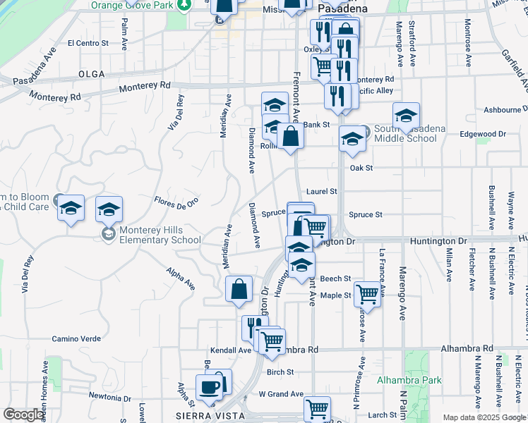 map of restaurants, bars, coffee shops, grocery stores, and more near 1212 Spruce Street in South Pasadena
