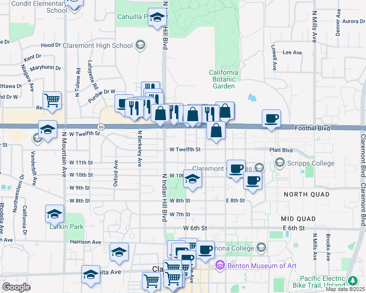 map of restaurants, bars, coffee shops, grocery stores, and more near 1203 North Yale Avenue in Claremont