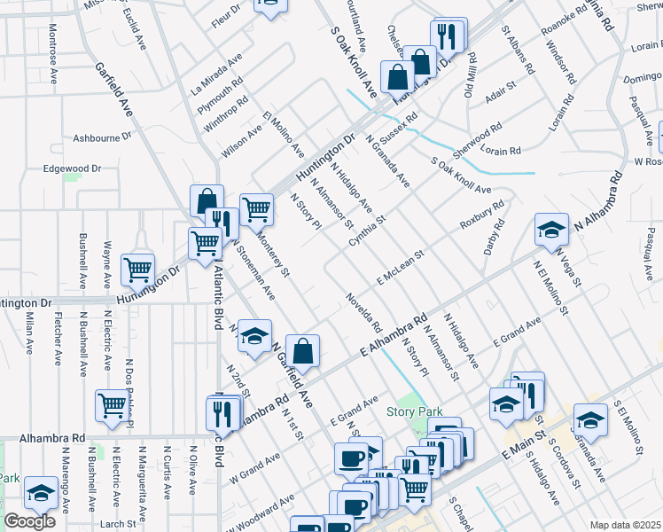 map of restaurants, bars, coffee shops, grocery stores, and more near 908 Novelda Road in Alhambra