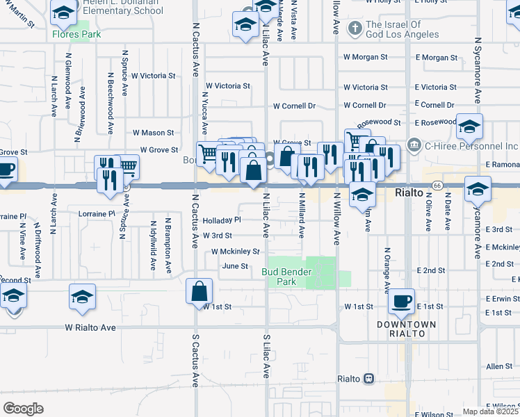 map of restaurants, bars, coffee shops, grocery stores, and more near 509 West Lorraine Place in Rialto