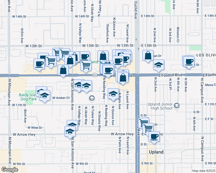 map of restaurants, bars, coffee shops, grocery stores, and more near 930 North Redding Way in Upland