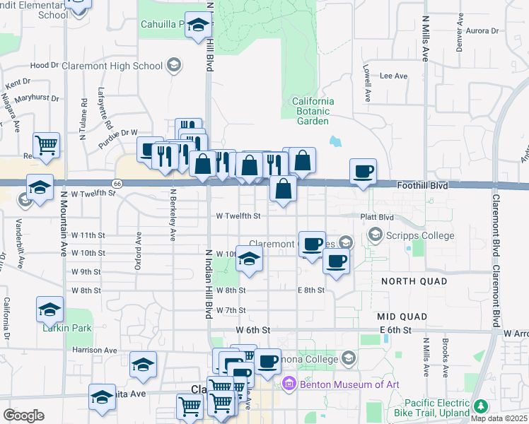 map of restaurants, bars, coffee shops, grocery stores, and more near 1207 Harvard Avenue North in Claremont