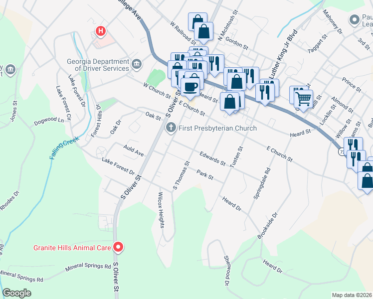 map of restaurants, bars, coffee shops, grocery stores, and more near 128 Edwards Street in Elberton