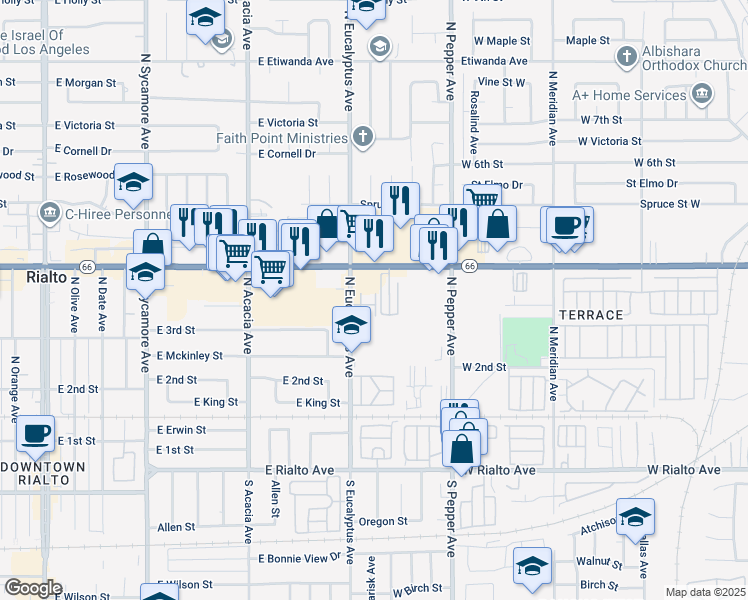 map of restaurants, bars, coffee shops, grocery stores, and more near 369 North Eucalyptus Avenue in Rialto
