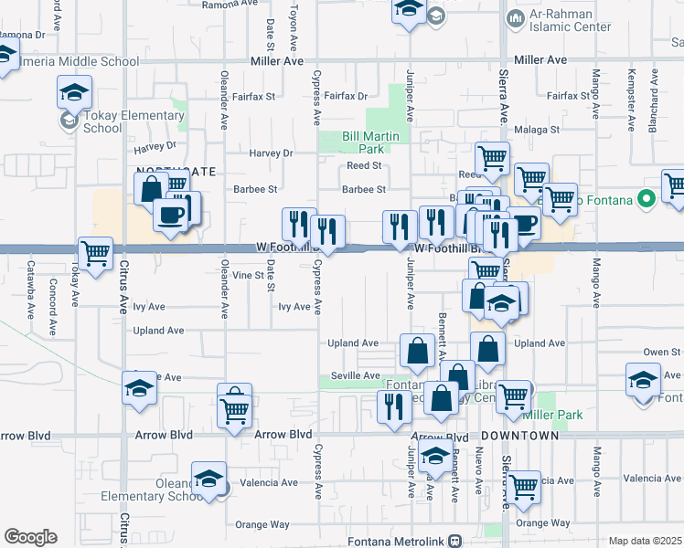 map of restaurants, bars, coffee shops, grocery stores, and more near 8147 Cypress Avenue in Fontana