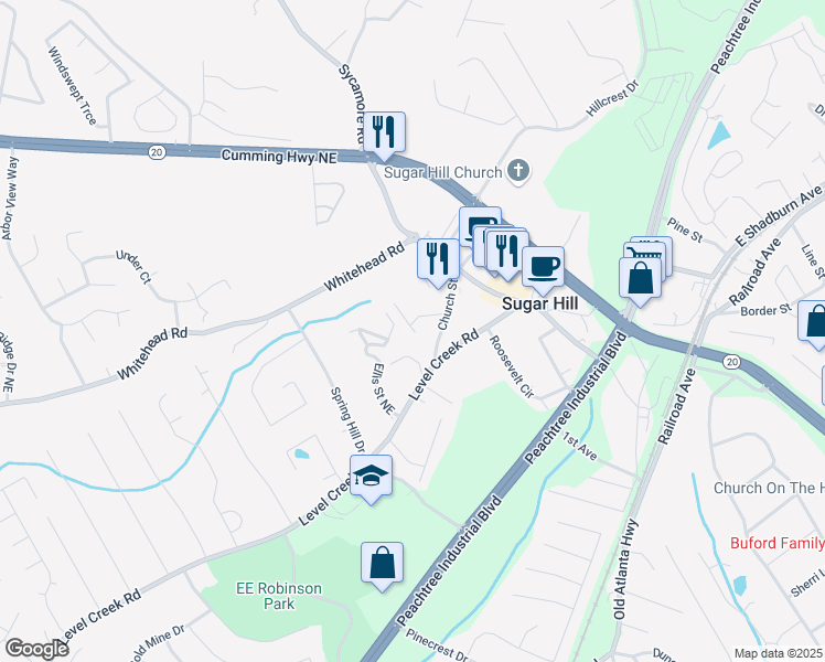 map of restaurants, bars, coffee shops, grocery stores, and more near 5012 Top Cat Court in Sugar Hill