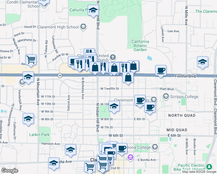 map of restaurants, bars, coffee shops, grocery stores, and more near 1203 North Yale Avenue in Claremont