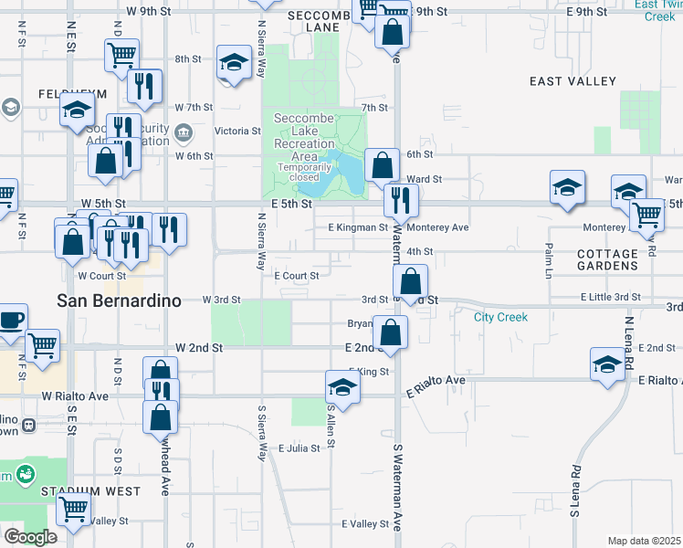 map of restaurants, bars, coffee shops, grocery stores, and more near 203 East Court Street in San Bernardino