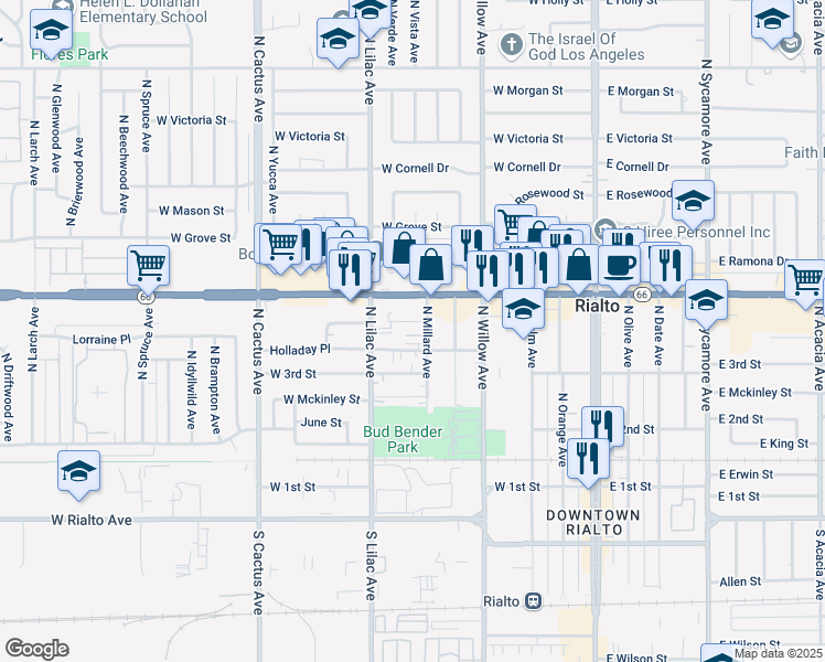 map of restaurants, bars, coffee shops, grocery stores, and more near 331 North Lilac Avenue in Rialto