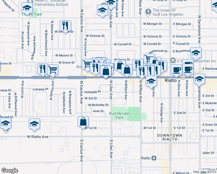 map of restaurants, bars, coffee shops, grocery stores, and more near 509 West Lorraine Place in Rialto