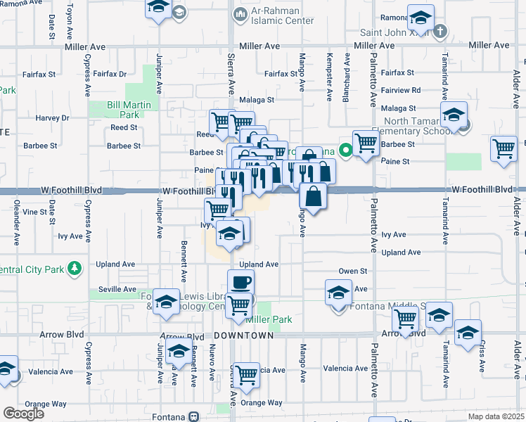 map of restaurants, bars, coffee shops, grocery stores, and more near 17005 Foothill Boulevard in Fontana