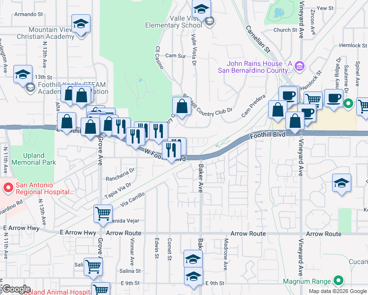 map of restaurants, bars, coffee shops, grocery stores, and more near 8348-8398 Foothill Blvd in Rancho Cucamonga