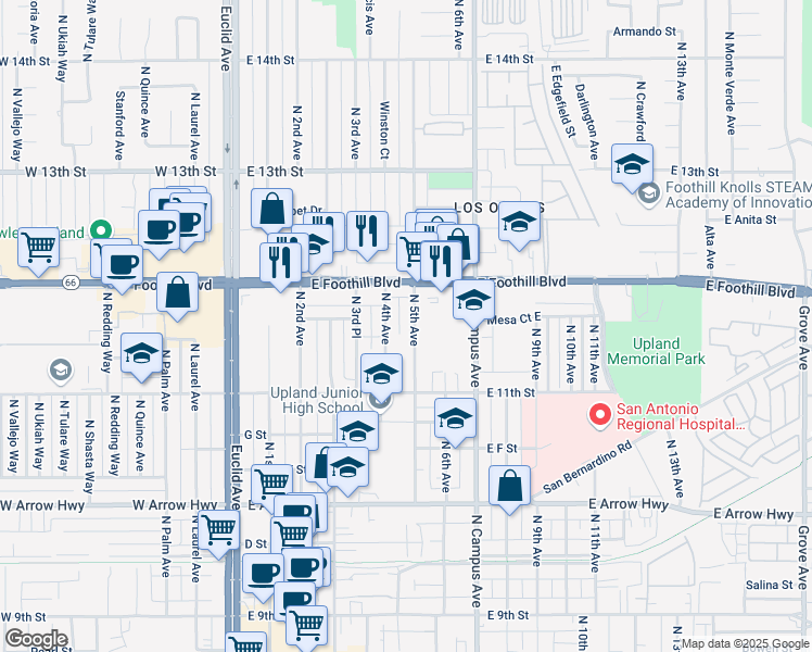map of restaurants, bars, coffee shops, grocery stores, and more near 914 North 4th Avenue in Upland